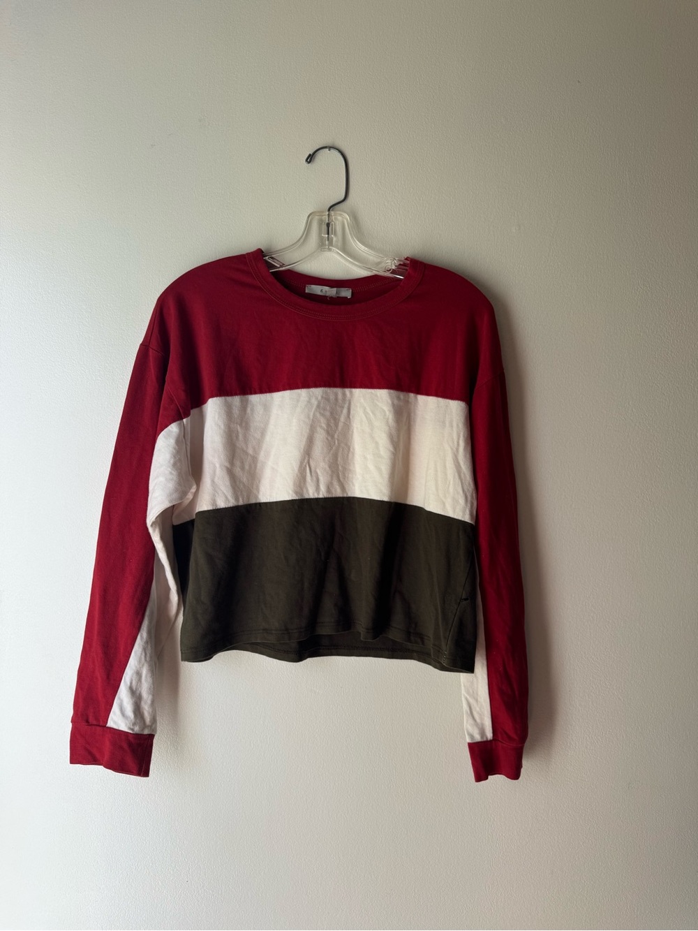 ✨ Gaze Red, White & Olive Green Striped Long Sleeve crop Top